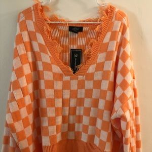 Just Polly orange plaid fringe sweater size XL